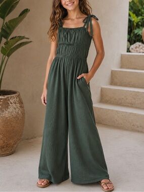 T&B Girls Olive Green Wide Leg Jumpsuit Size Large (10/12) Tie Strap Romper